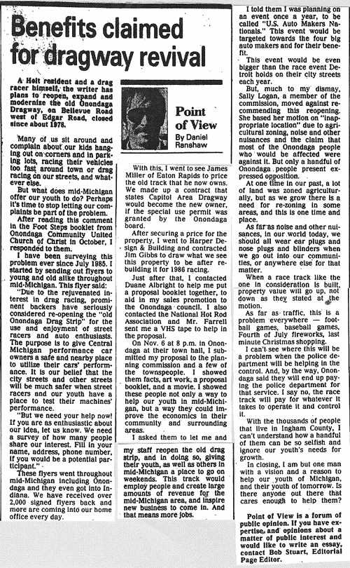 Onondaga Dragway - Article From Lansing State Journal